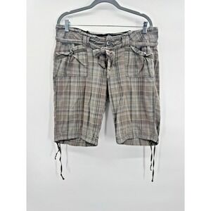 VTG Y2K Cargo Plaid Shorts Mid Rise 13 Jorts 90s Retro Grunge Granola Drawstring